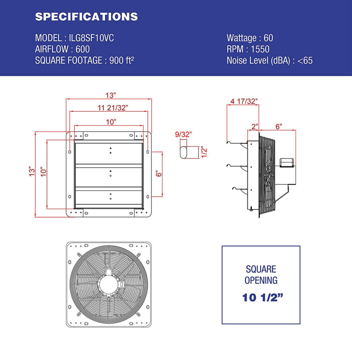 iLiving ILG8SFVC Shutter Exhaust Fan 10-in - Dimensions