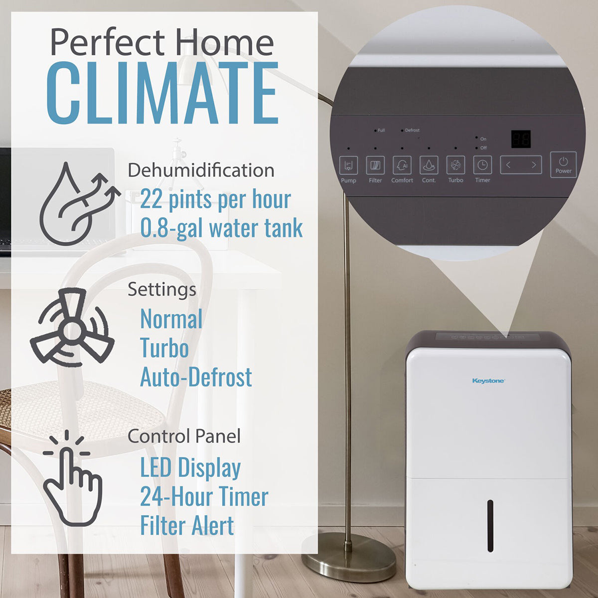 Keystone Kstad224E 22 Pint Energy Star Dehumidifier Controls Graphic