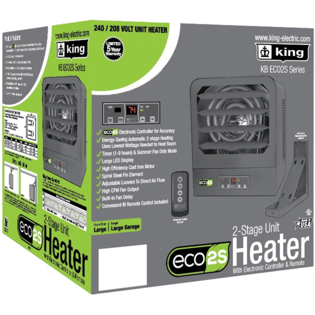 King Electric KB ECO2S Series 2-Stage Electronic Garage Heater - Box
