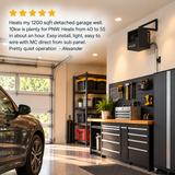 A wall-mounted black garage heater shown in a tidy, modern garage with a workbench, tool rack, shelving, and part of a car visible. A 5 star review on the left describes the heater's performance and ease of use. "Heats my 1200 sqft detached garage well. 10kw is plenty for PNW. Heats from 40 to 55 in about an hour. Easy install, light, easy to wire with MC direct from sub panel. Pretty quiet operation - Alexander"