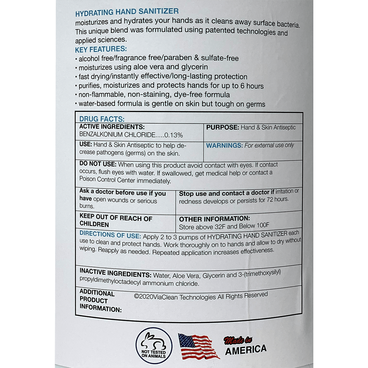 Microbe Free Solutions Hydrating 6 Hour Hand Sanitizer - Product Back Label
