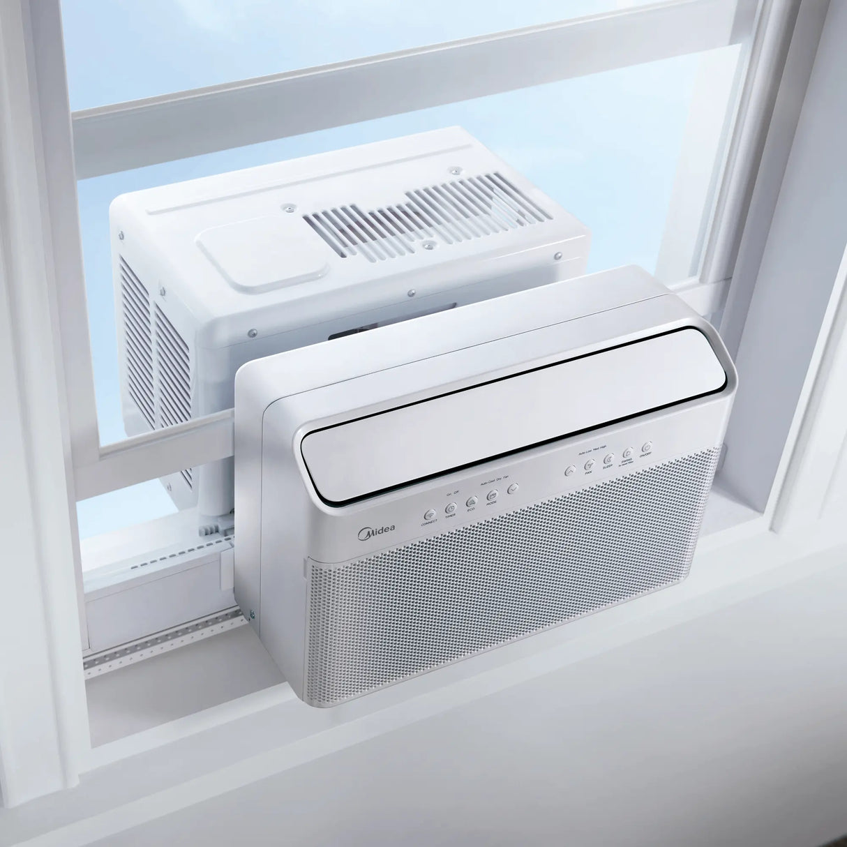 Midea 8,000 BTU U-Shaped Wi-Fi Enabled Window Air Conditioner illustration of how it fits in window