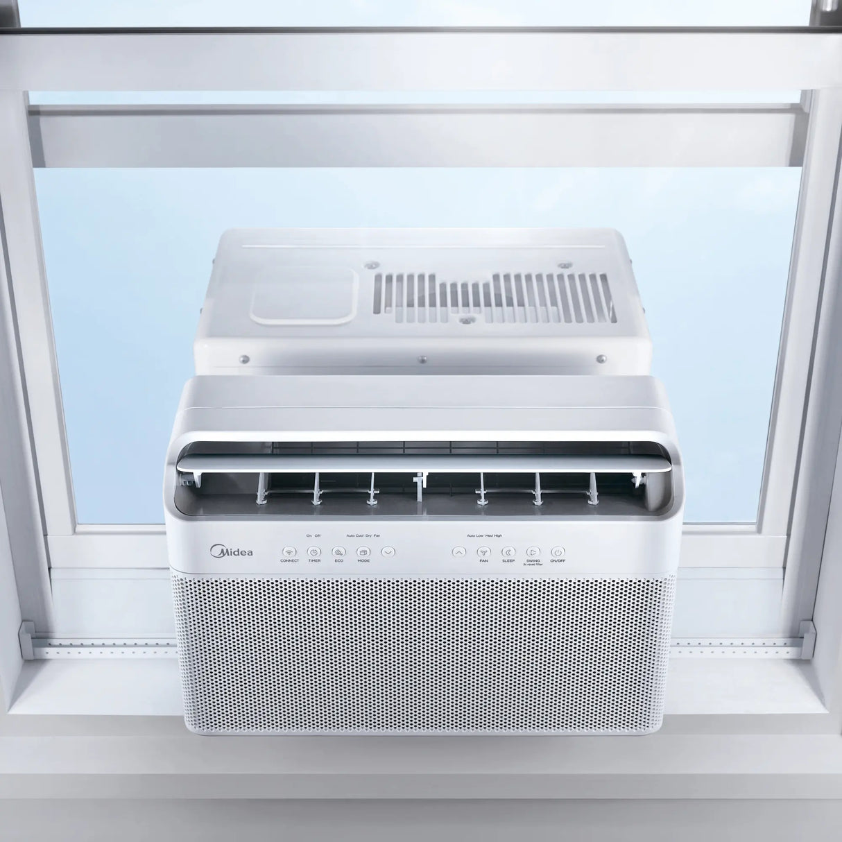 Midea 8,000 BTU U-Shaped Wi-Fi Enabled Window Air Conditioner illustration of how it fits in window top front angle