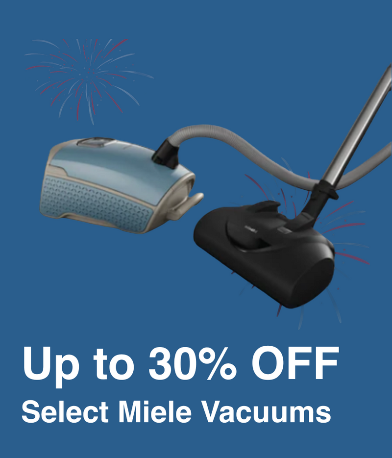 Miele vacuum cleaner with promotional text Up to 30% OFF Select Miele Vacuums
