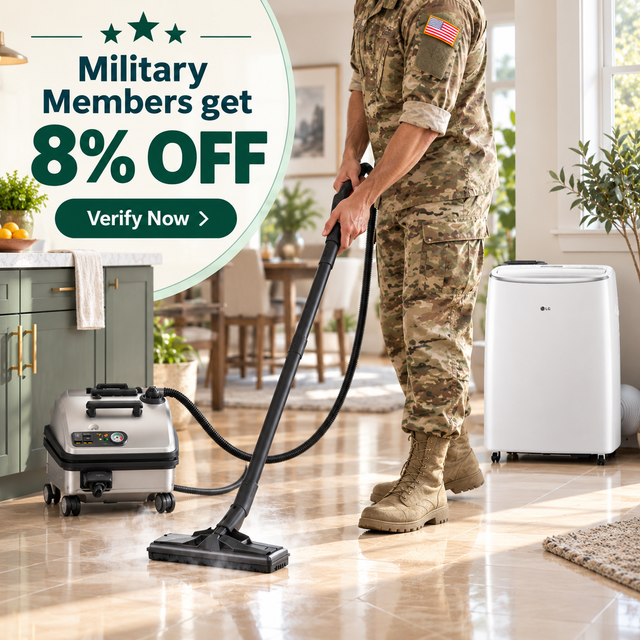 Military members get 8% off, verify now text on a lifestyle photo a man cleaning his kitchen floor..