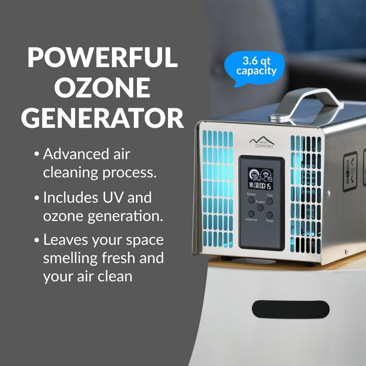 New Comfort SS12000 Stainless Steel 9,000 to 14,000 mg/hr Commercial PLCOZ12K Ozone Generator - Infographic 1