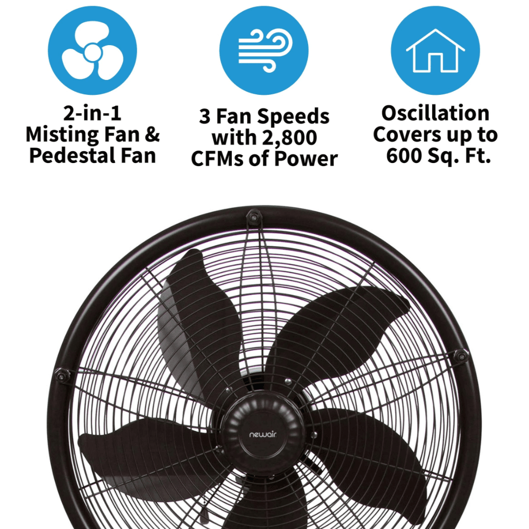 NewAir Outdoor Misting 3-Speed All-Metal Pedestal Fan - Highlights
