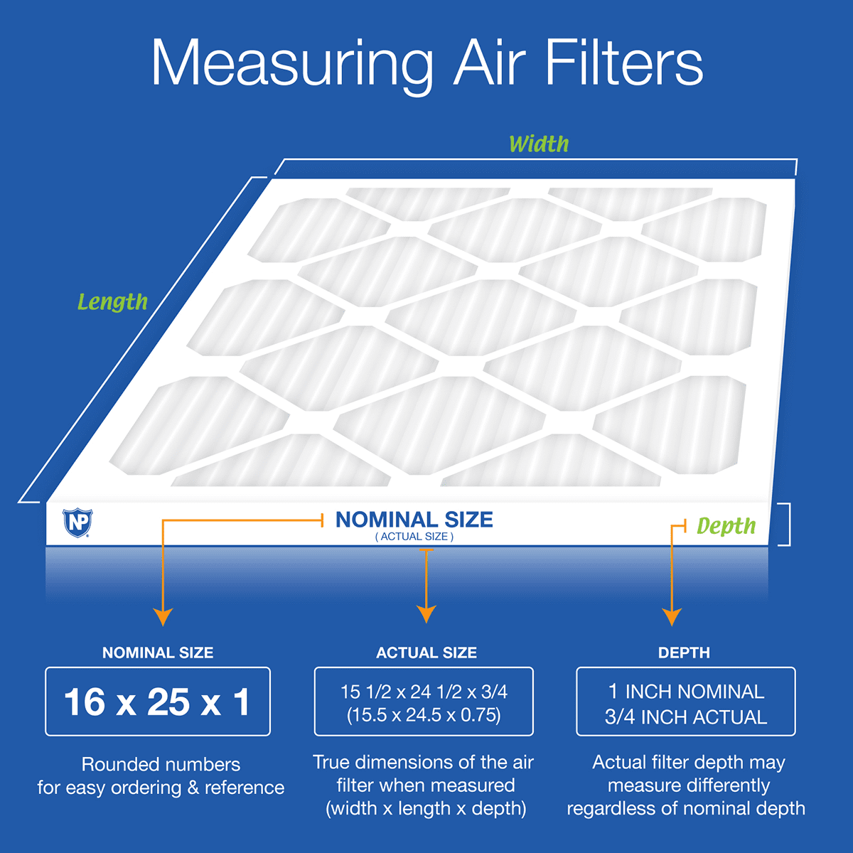 Nordic Pure MERV 8 1-in. Pleated Furnace Filters (6 Pack) - 16x25x1 Dimensions