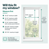 A fit-and-measure guide for window installation showing a white-framed window with dimension arrows and text listing minimum and maximum width and height requirements.