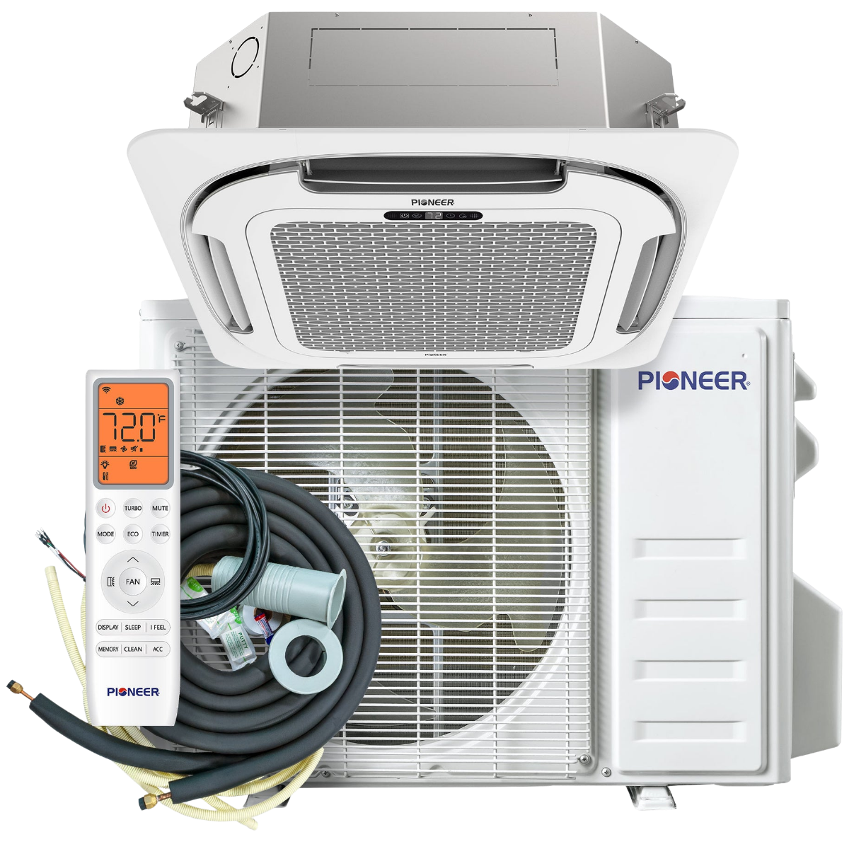 Pioneer 18k-24k BTU Quantum Ultra Ceiling Cassette Ductless Mini Split - w/ EZ Install Line Set Kit