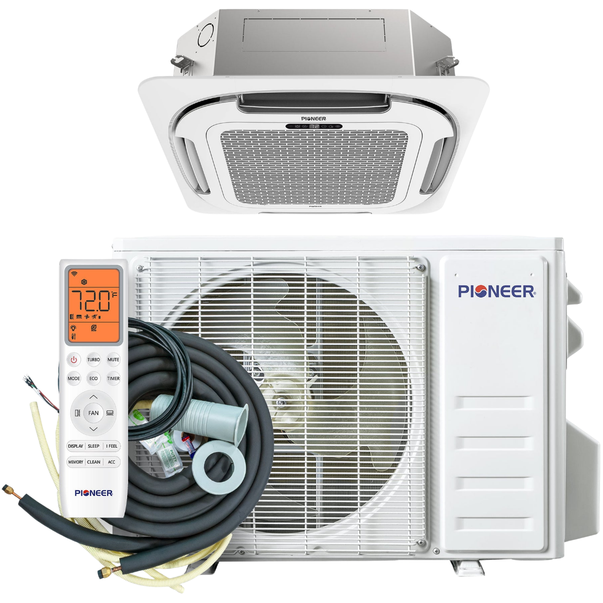 Pioneer 9k-12k Quantum Ultra Ceiling Cassette Ductless Mini Split - w/ EZ Install Lineset Kit