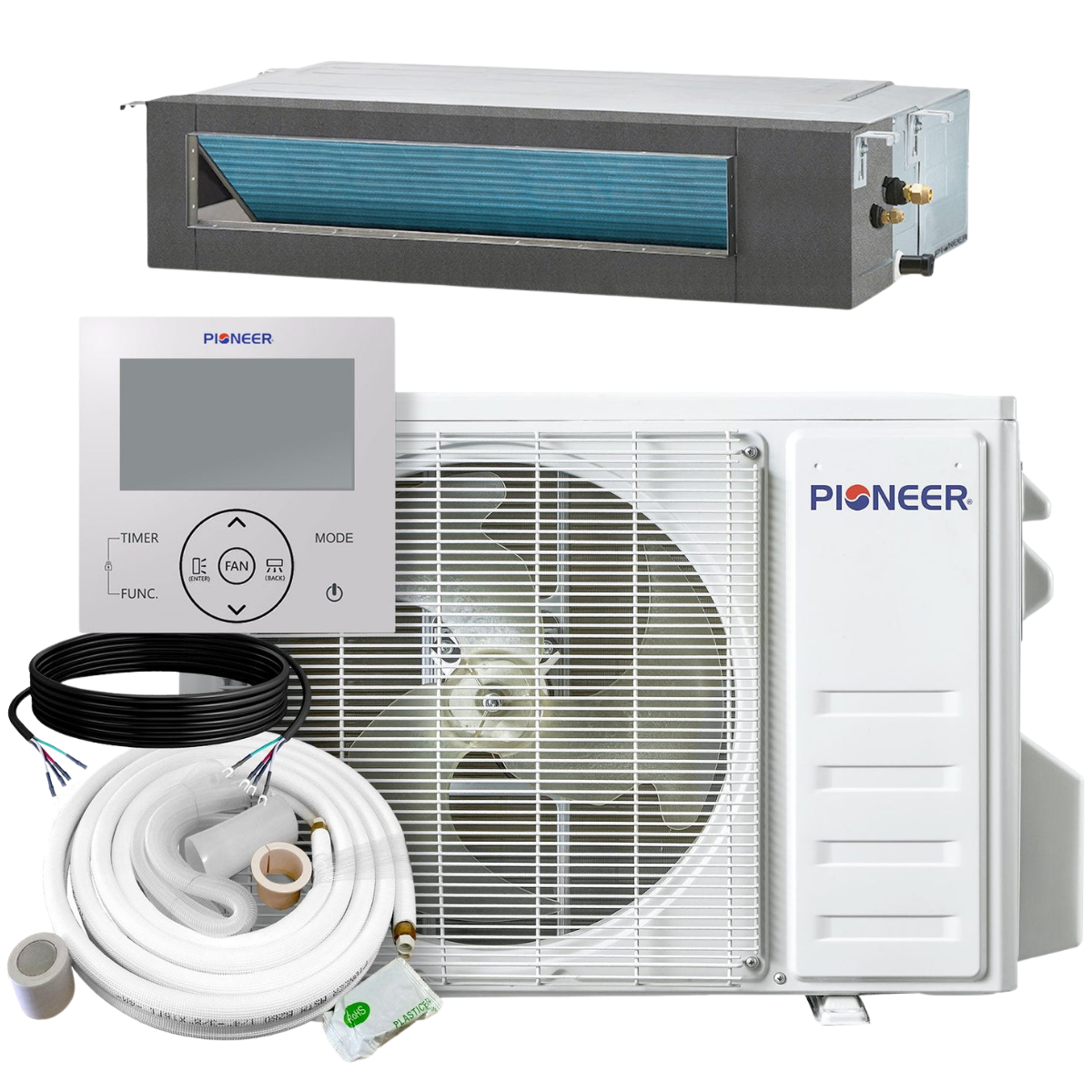 Pioneer 9k-12k BTU Quantum Ultra Ceiling Concealed Ducted Mini Split Heat Pump - w/ Piping