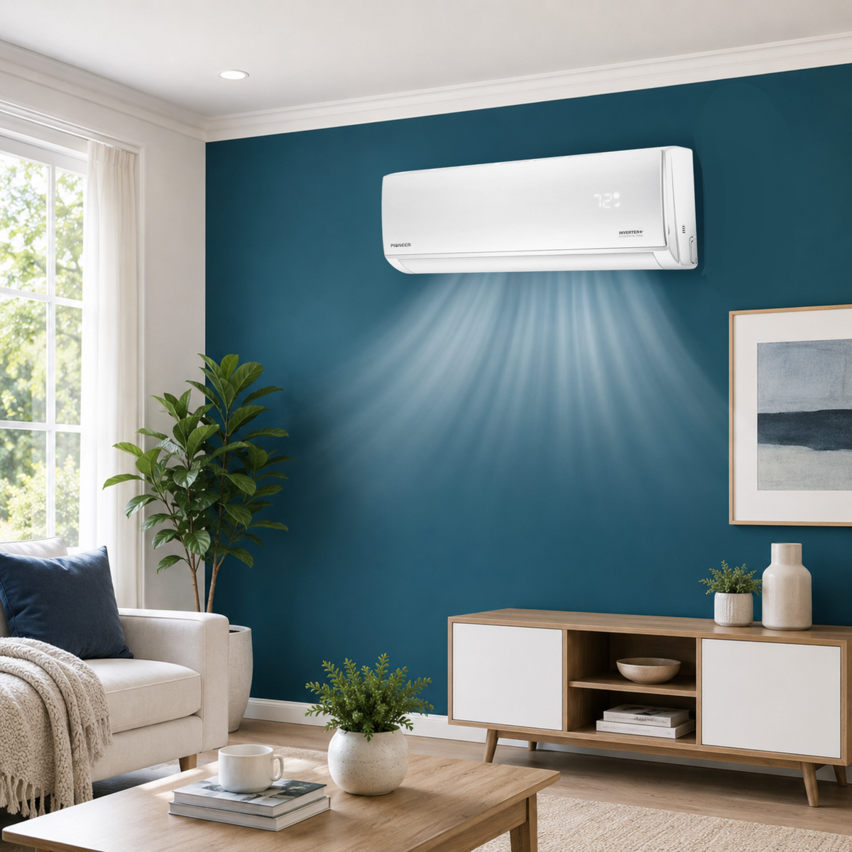 Modern air conditioner on a blue wall in a living room