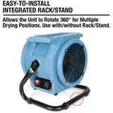 The Pureaero's easy to install integrated rack stand allows the unit to rotate 360 degrees.