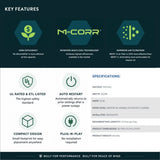 A promotional infographic for the M-Corr, HEPA filter, featuring key features and specifications on a split dark teal and white background. The top section highlights high efficiency, patented multi-coil technology, and superior air filtration.