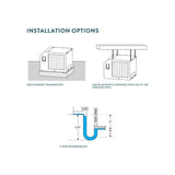 Installation options freestanding or overhead mount for this dehumidifier. P-trap requirements illustration.