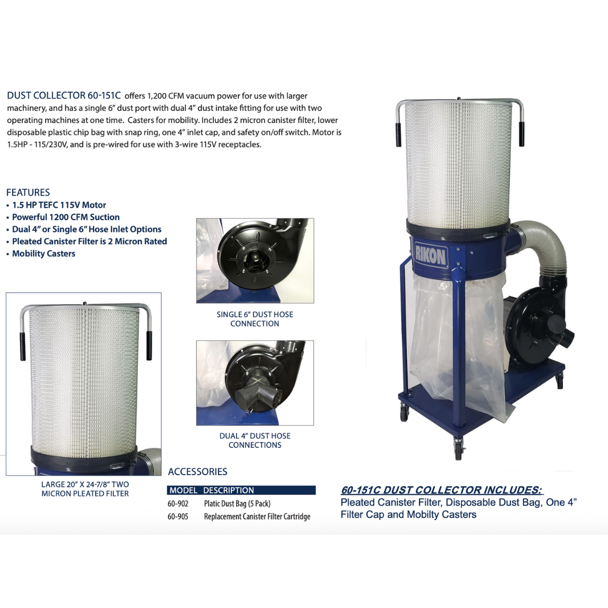 Rikon 1.5 HP Dust Collector - with 60-905 Filter Cartridge - Infographic