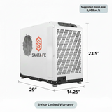 Santa Fe Advance Dry110 Dehumidifier with dimensions, Suggested room size 3600sq ft, 6-Year Limited Warranty