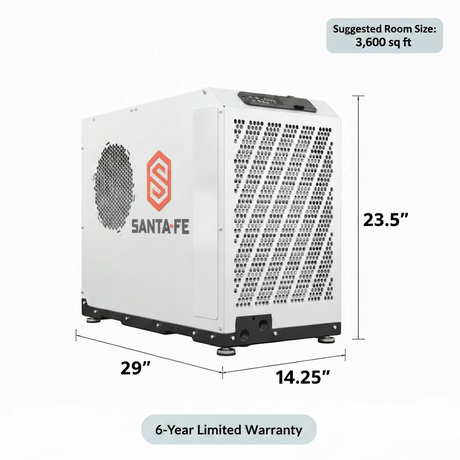 Santa Fe Advance Dry110 Dehumidifier with dimensions, Suggested room size 3600sq ft, 6-Year Limited Warranty