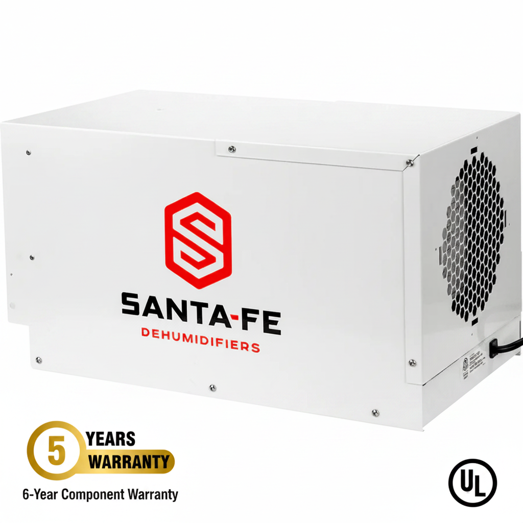 Santa Fe dehumidifier with logo and warranty information on a white background