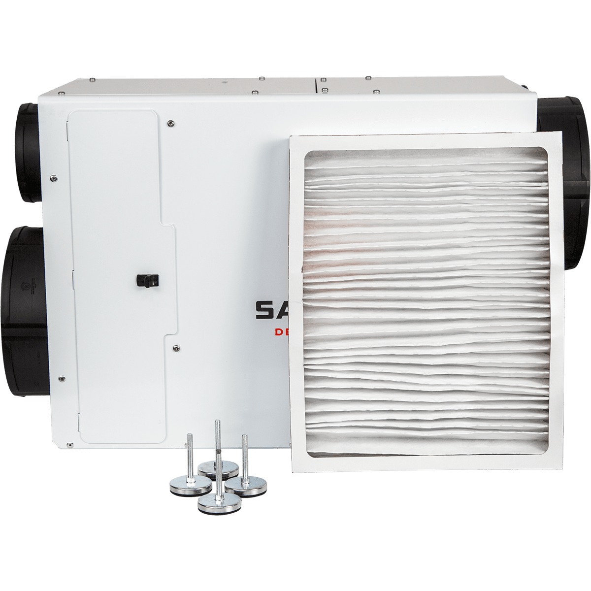 The Santa Fe Ultra98 Whole House Dehumidifier comes with a MERV-13 filter and four leveling feet.