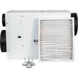 The Santa Fe Ultra98 Whole House Dehumidifier comes with a MERV-13 filter and four leveling feet.