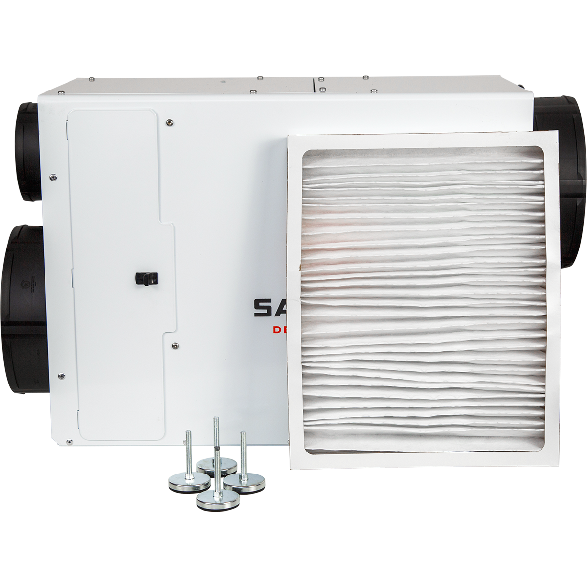 The Santa Fe Ultra98 Whole House Dehumidifier comes with a MERV-13 filter and four leveling feet.