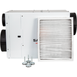 The Santa Fe Ultra98 Whole House Dehumidifier comes with a MERV-13 filter and four leveling feet.