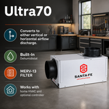 Santa Fe Ultra70 dehumidifier shown in a modern workshop setting, with feature callouts on the left including vertical/horizontal airflow conversion, built-in dehumidistat, MERV-13 filter, and home HVAC compatibility.