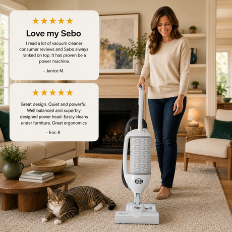 Sebo vacuum cleaner in a living room with a cat on the couch and a fireplace in the background.