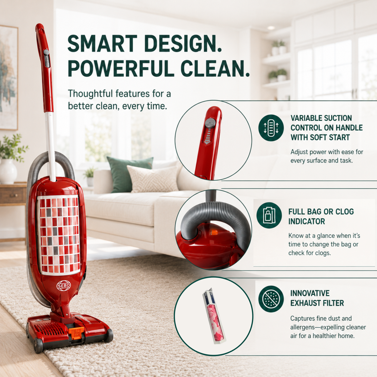 Promotional image of the SEBO Felix Upright Vacuum showcasing its Variable Suction settings, full bag indicator, and innovative stylish filter.