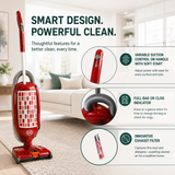 Promotional image of the SEBO Felix Upright Vacuum showcasing its Variable Suction settings, full bag indicator, and innovative stylish filter.