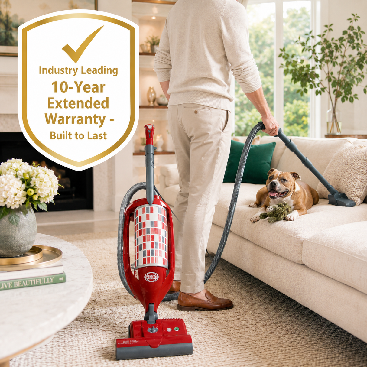 SEBO Felix Upright vacuum being used on couch promotional image with badge with text industry leading 10-Year extended warranty