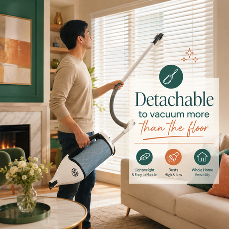 Man using a SEBO Felix vacuum cleaner in a living room with text highlighting features.