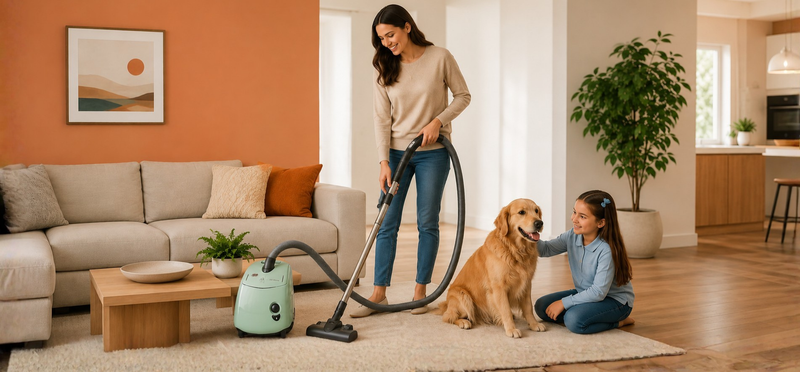 Sebo canister vacuum in a family home with pets