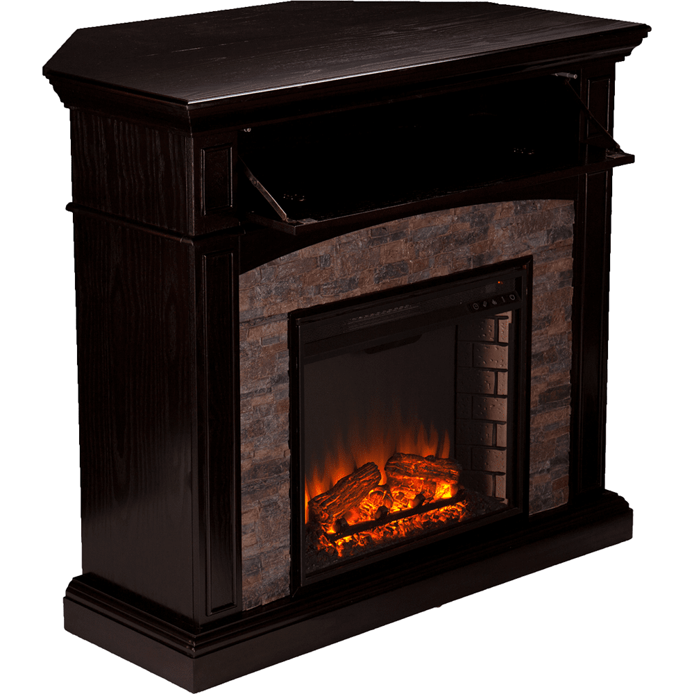 Southern Enterprises (SEI) Grantham Faux Stone Corner Electric Media Fireplace - Angle View with Corner Piece Extended