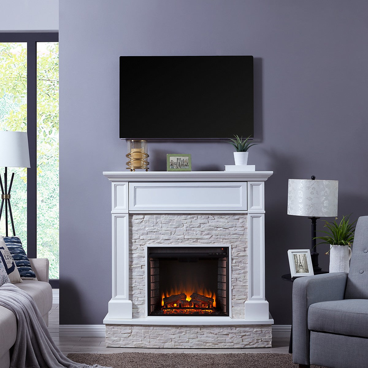 Southern Enterprises Jacksdale Faux Stone Fireplace - in use