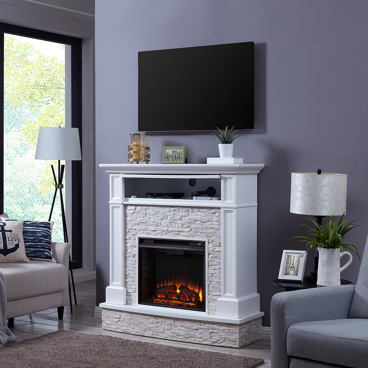 Southern Enterprises Jacksdale Faux Stone Fireplace - in use