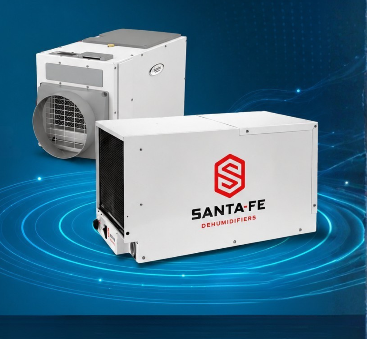 AprilAire and Santa Fe dehumidifiers on a blue background