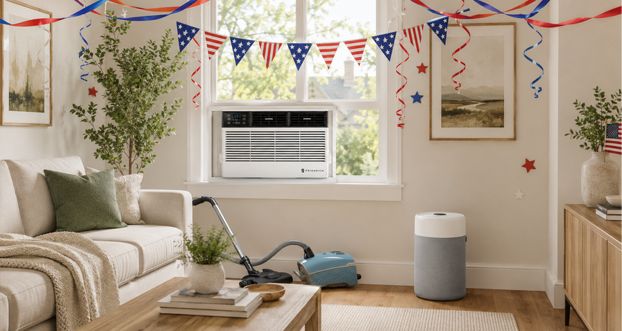 Living room with a window air conditioner, decorative flags, and a vacuum cleaner.