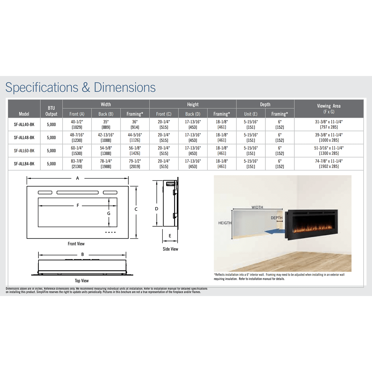 SimpliFire Allusion Linear Electric Wall Mounted Fireplace - Dimensions
