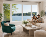 Family sitting on a couch in a modern living room with large windows overlooking a lake with Soleus Air 10,000 BTU Saddle Window Air Conditioner w/Heat cooling the room.