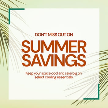 Promotional graphic with the text 'DON'T MISS OUT ON SUMMER SAVINGS' in orange on a white square, with smaller orange text below and decorative green palm leaves and corner brackets on a pale green background.
