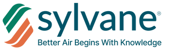 Sylvane logo with orange and green abstract air circulating shapes above the wordmark 'Sylvane' and the tagline 'Better Air Begins With Knowledge'. This logo is in a small size for the website header.