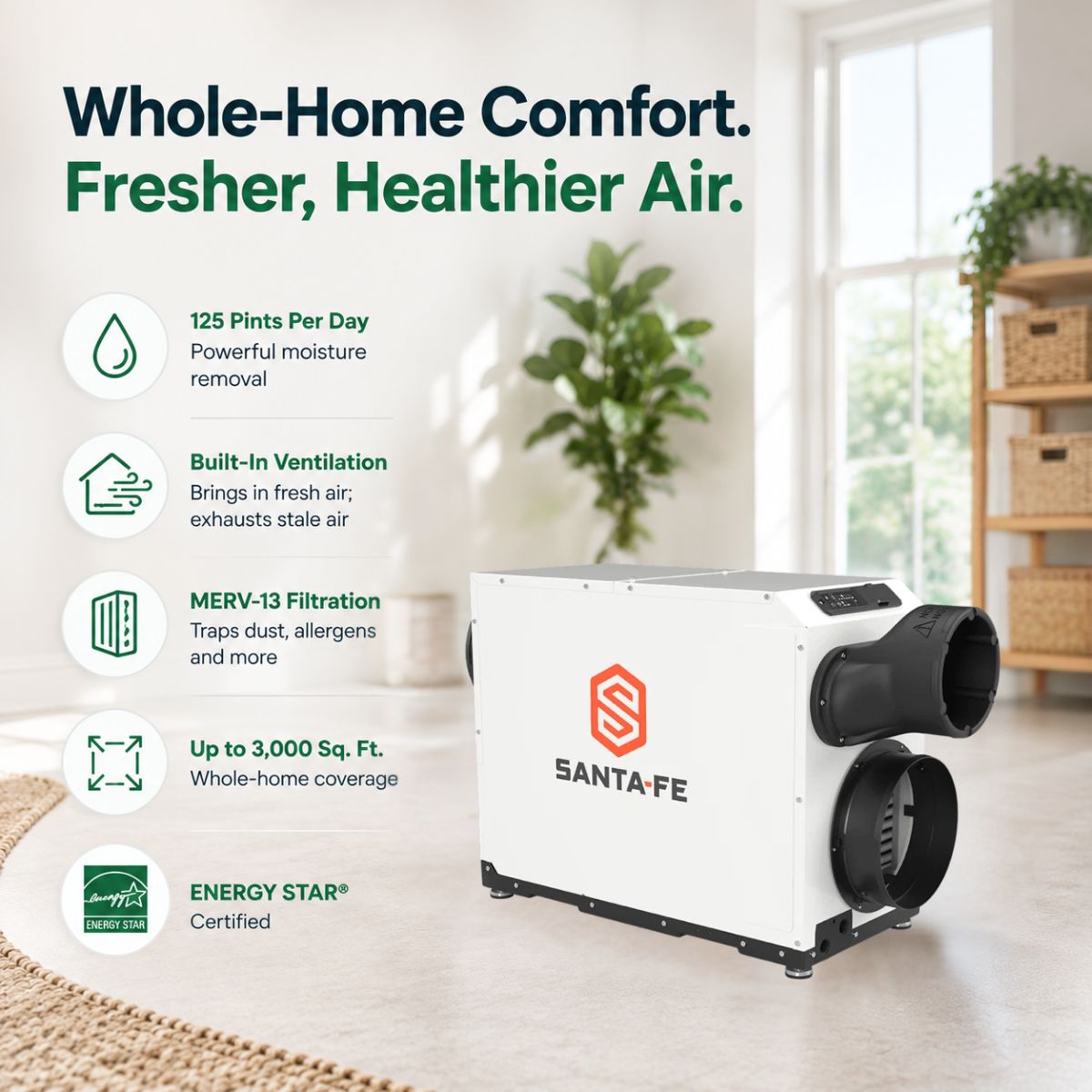 Santa Fe Ultra V125 Ventilating Dehumidifier shown in a bright modern room with informational callouts on the left for 125 pts moisture removal a day, built in ventilation, merv-13 filtration, up to 3000 sq ft and energy star certified.