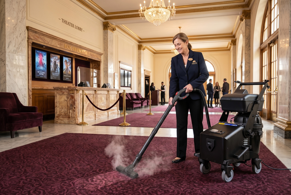 Person cleaning a red carpet in a grand lobby with a US Steam Eagle Plus steam and vacuum cleaner.