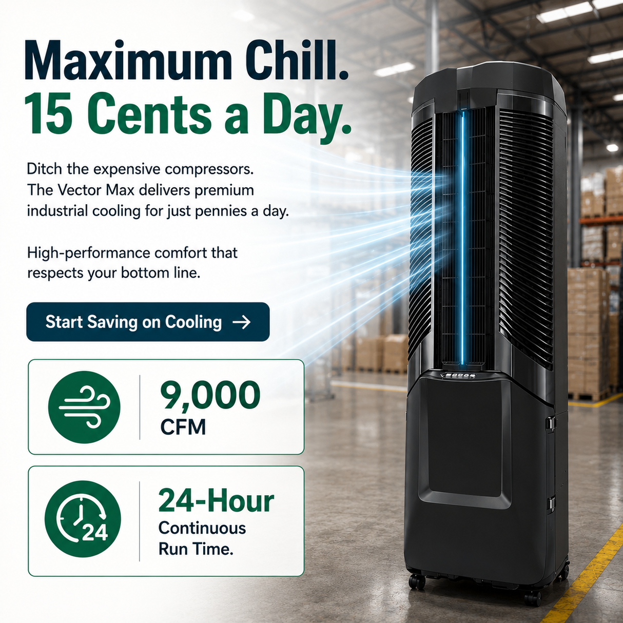 AVector 9,000 CFM Climate Control System shown in a warehouse setting with promotional text on the left. The unit is dark gray/black with a glowing blue vertical light.