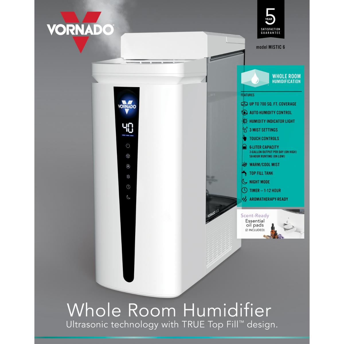 Vornado MISTIC 6 Ultrasonic Whole Room Humidifier - Infographic