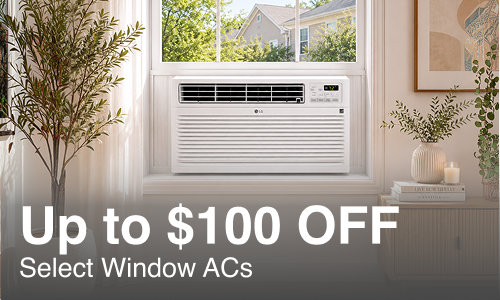 A white LG window air conditioner installed on a windowsill in a styled room with plants, books, and a framed print. Large promotional text at the bottom reads 'Up to $100 Off Select Window ACs'.