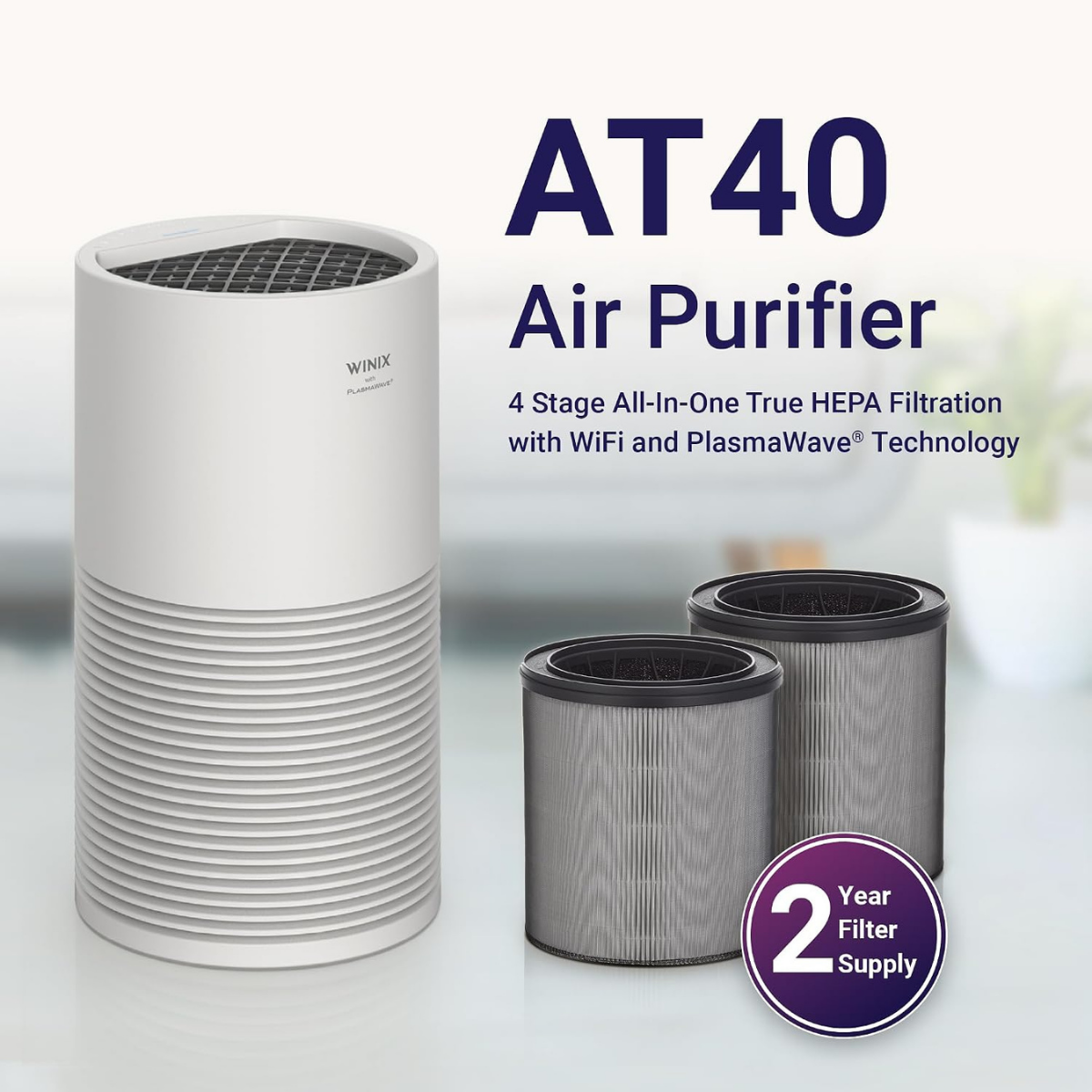 Winix AT40 All-in-One 4-Stage True HEPA Wi-Fi Large Room Air Purifier - Infographic 1